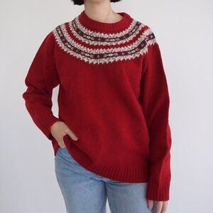 Vintage Woolrich Maroon Knit Cream Fair Isle 100% Lamb's Wool Crew Sweater L